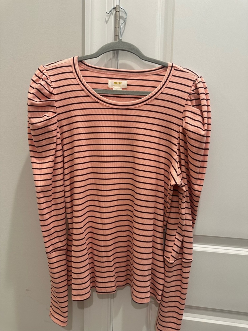 Maeve Pink and Brown Striped Puff-Shoulder Long Sleeve Tee